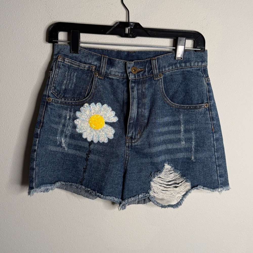 Miu Miu Women's‎ Medium Blue Distressed Denim Shorts Daisy Patch Ripped Designer